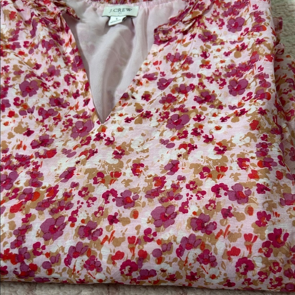 J. Crew Pink Floral Long Sleeve Ruffle Blouse Size Large Valentines Day Office - Picture 11 of 11
